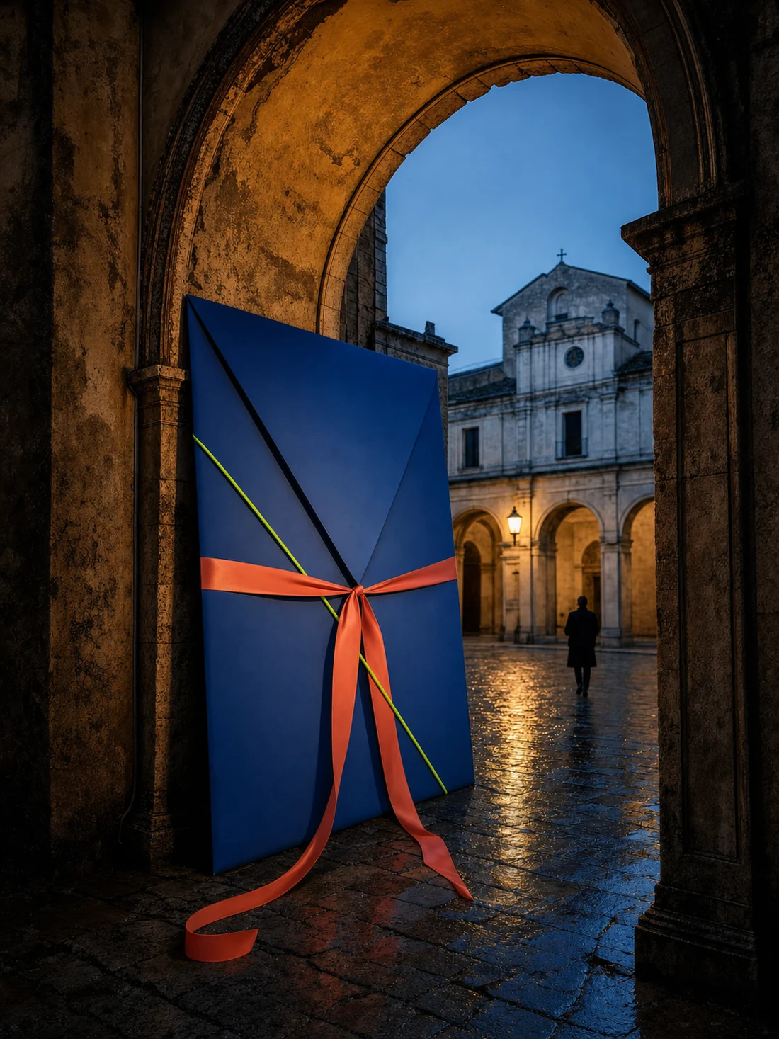Maxi busta blu con fiocco corallo appoggiata sotto un arco di pietra in una piazza italiana al crepuscolo